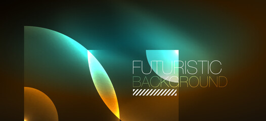 Abstract background with neon glowing light effects. Round shapes, triangles and circles. Wallpaper for concept of AI technology, blockchain, communication, 5G, science, business and technology