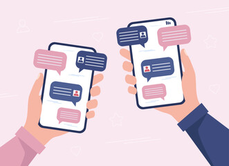 Human hand holding smartphone. Sending and receiving messages. Online chat. Social media. Colored flat vector illustration.