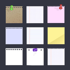 Set of isolated realistic empty paper poster mockup, notes, sticky, colorful banners and pieces of paper on grey background. Vector format