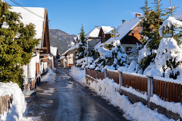 Snowy village Kranjska gora in winter time , Slovenia