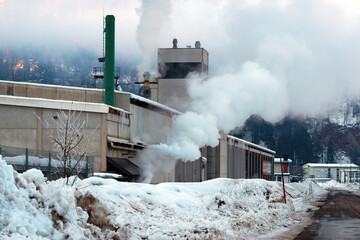 Smoking chimneys in a pallet factory in Austria. Air pollution from burning bark and wood waste...
