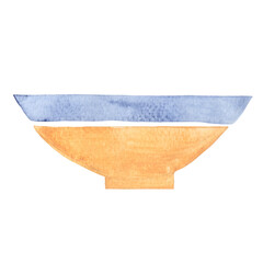 ancient brown and blue bowl sign watercolor illustration for decoration on historical and pottery.
