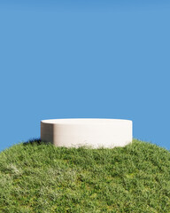 wooden podium mockup on grass, 3d rendering