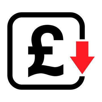 Cost reduction- decrease pound icon. Vector symbol isolated on background
