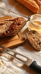 loaf of bread with knife and sesame seeds
