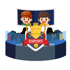 PNG file. eSports Winner Trophy Standing on a Stage with display screen