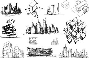 many hand drawn architectectural sketches of a modern architecture and urban ideas, buildings and people