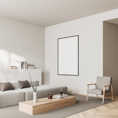 Corner view on bright living room interior with empty poster