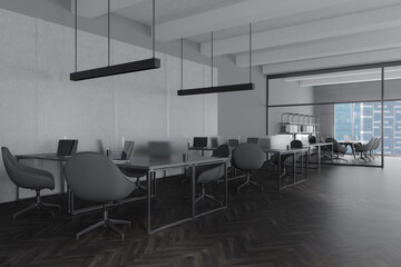 Grey business interior with coworking and meeting area, panoramic window