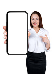 Businesswoman pointing at mockup phone screen, isolated over whi