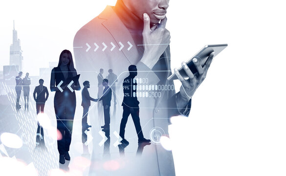 Black businessman working with tablet, big data analysis and chart, city view