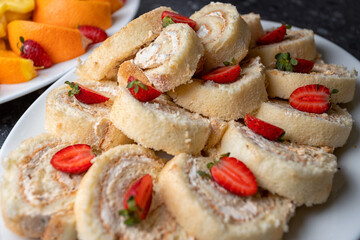 Sliced strawberry dessert on a plate. selective focus