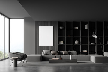 Front view on dark living room interior with empty poster