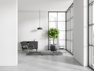 Side view on dark living room interior with panoramic window