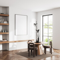 Light living room interior with table and chairs, shelf and window. Mockup frame
