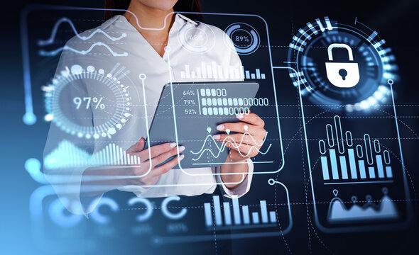 Businesswoman with tablet, digital business data chart with loading percentage