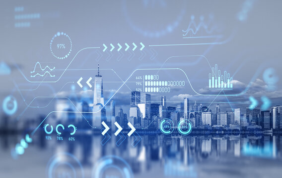 New York cityscape and big data graph chart with arrows, graphs and analytics
