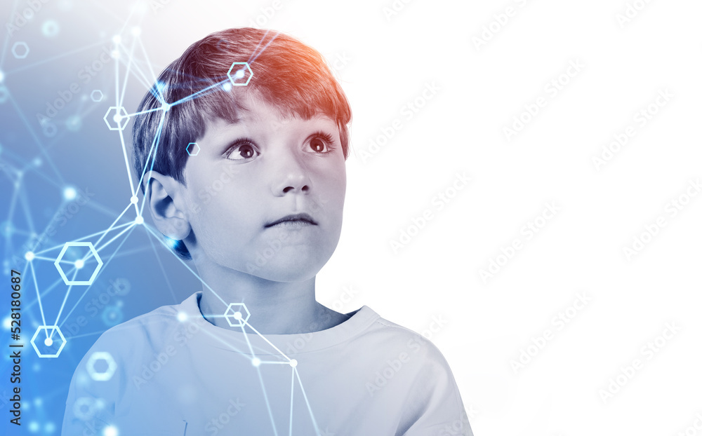 Poster kid boy and connection lines, blockchain and data storage. copy space