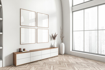 Light gallery room interior with sideboard and panoramic window, mockup frames