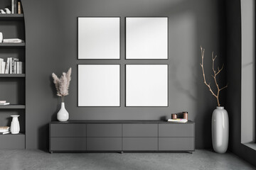 Grey living room interior with sideboard and modern decoration, mockup frames