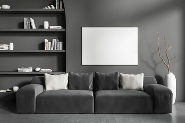 Grey chill interior with couch and modern decoration on shelf. Mockup frame