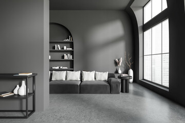 Grey relax interior with couch, decoration and panoramic window. Mockup wall