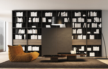 3d illustration Front view of a library of a part of the house natural day lighting. Pouf style armchair and round design style table in black, on a carpet. Large lamp in the center providing lighting