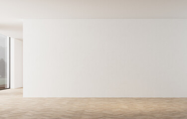3d illustration with white walls.Natural lighting. Area with large white wall. spike parquet flooring. Architecture