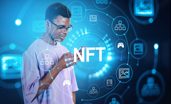 African man typing in phone, NFT and digital icons hud