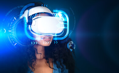 African woman in vr headset, futuristic technology hud hologram