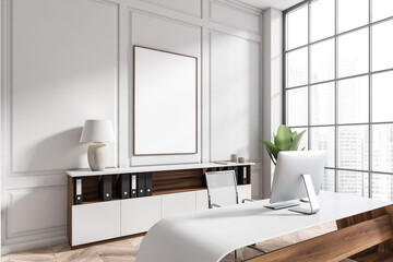 Light office interior desk with computer and panoramic window. Mockup frame