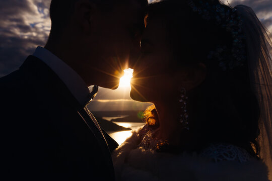 sun rays between the faces of the newlyweds. kiss on the nature.