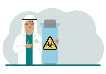 A arab male doctor or scientist is holding a test tube with a biohazard or virus warning label on it. Biological hazard.
