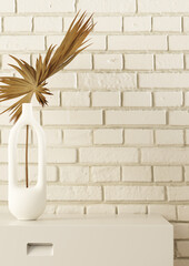 Close-up of vases on an all-white dresser. Highlighting the plant on the wall in rustic style