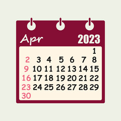 April 2023 Wall Hanging Calendar Icon, Study Work Business Schedule Agenda Symbol, new year 2023 isolated vector illustration