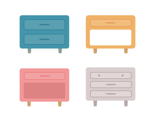 Set of cute nightstands in different colors. Home interior concept. Cartoon flat style. Vector illustration