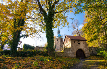 Obraz premium ruins of old church in autumn time in Kaczawskie mountains in Lower silesia in Poland