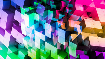 Geometric colorful abstract 3D background of rainbow squares and cubes. Science, design, game, technology, lifestyle concept.