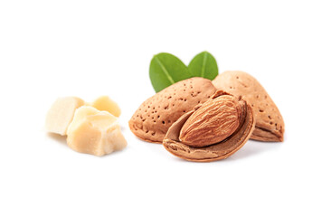 Almonds nuts with leaves on white backgrounds.