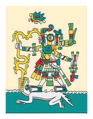 Tlaloc, Aztec god of the rain, earthly fertility and water, giver of life and sustenance. Depicted with goggle eyes, fangs, feathered mask, lightnings and water dwelling creatures, such as crocodiles.