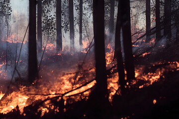 3d illustration of wildfire burning through a forest disaster catastrophe