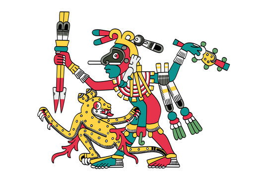 Mixcoatl hunting a jaguar. Aztec god of the hunt, identified with the Milky Way, the stars and the heavens. Also known as Camaztle or Camaxtli. Depicted with a black mask, body paint and hunting gear.