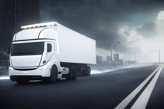3d illustration of Truck driving on a country road at evening cloudy fog