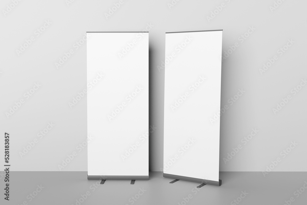 Canvas Prints blank white roll-up banner display mockup on gray background, isolated, 3d rendering