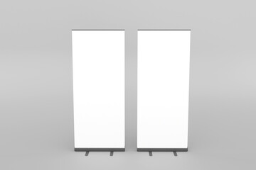 Blank white roll-up banner display mockup, isolated, 3d rendering for presentation your design.