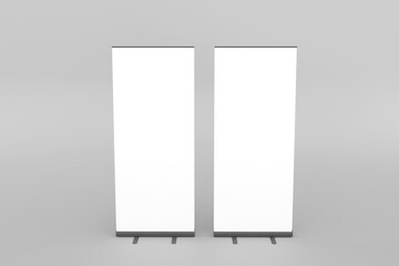 Blank white roll-up banner display mockup, isolated, 3d rendering for presentation your design.