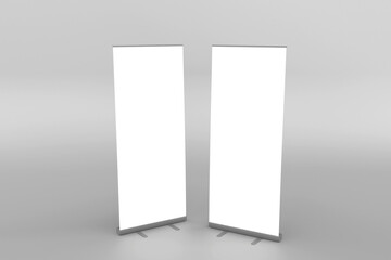 Blank white roll-up banner display mockup, isolated, 3d rendering for presentation your design.