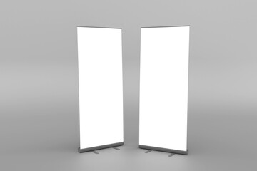 Blank white roll-up banner display mockup, isolated, 3d rendering for presentation your design.