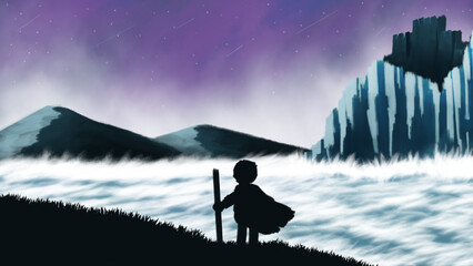 The silhouette of a boy standing on an island looking at a high mountain with a castle. An island next to the sea with strong waves. Digital art style. illustration painting