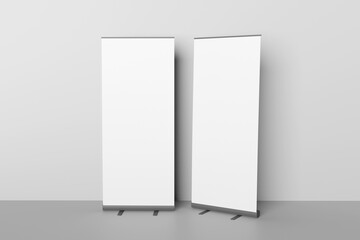 Blank white roll-up banner display mockup on gray background, isolated, 3d rendering